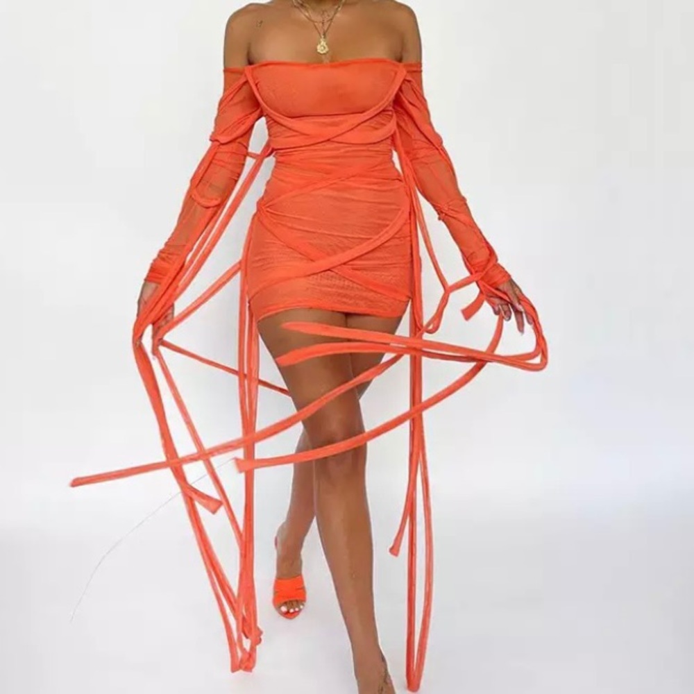 🔥Women’s orange sheer bandage dress🔥